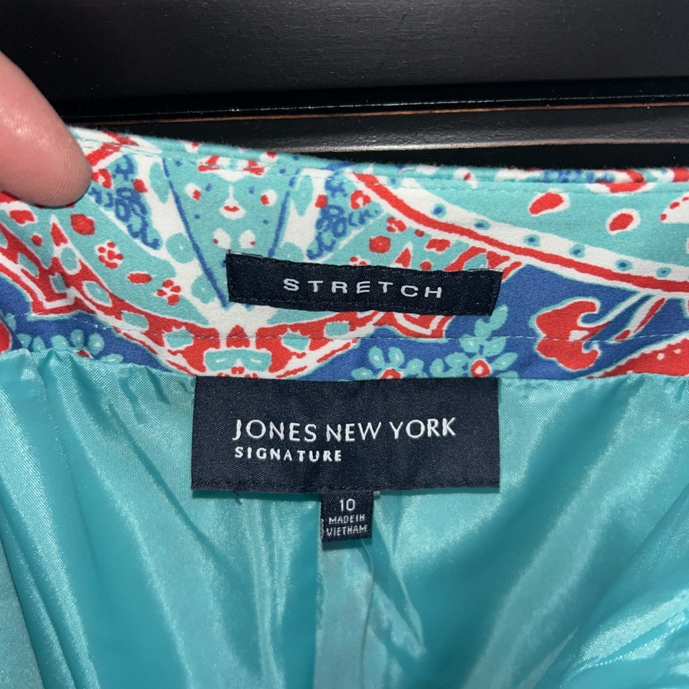 Jones New York Size 10 Pencil Skirt Knee Length Aqua Blue Red Paisley - Picture 4 of 8